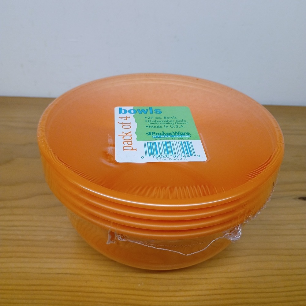 Vintage‎ Packerware Orange Plastic Cereal Snack Bowls 6" Set of 4 Stackable New!